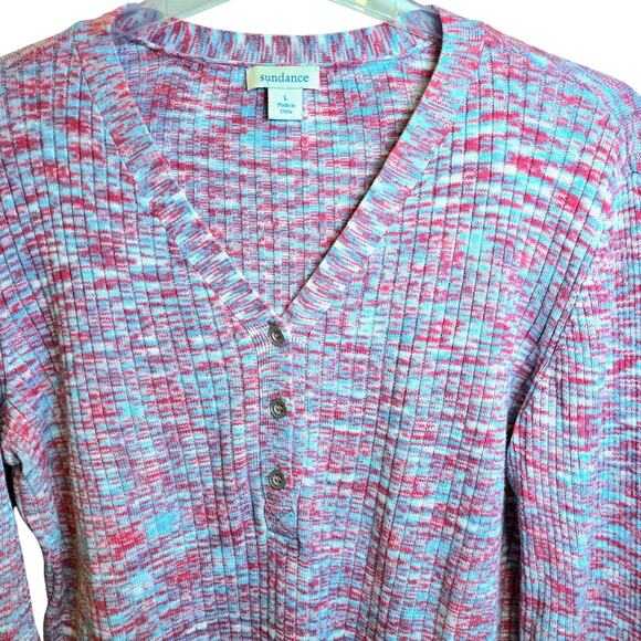 Sundance Ribbed Space-Dye Create Beauty Henley Sweater Large Blue Pink V-Neck - Picture 3 of 12